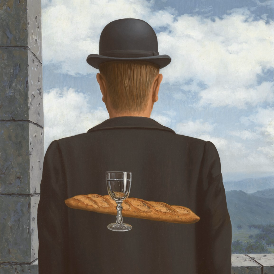 A painting of a man in a bowler hat facing away from the viewer, with a floating baguette and wine glass against his back.