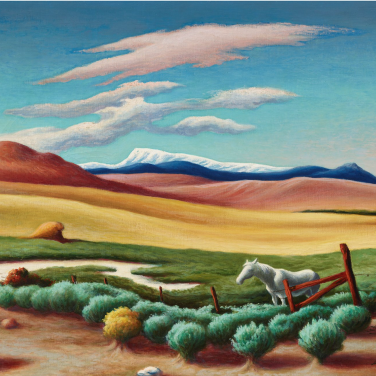 A landscape painting by Thomas Hart Benton of rural Utah, featuring a white horse at a fence in the foreground.