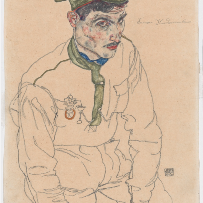 A drawing of a young, mustachioed man in uniform