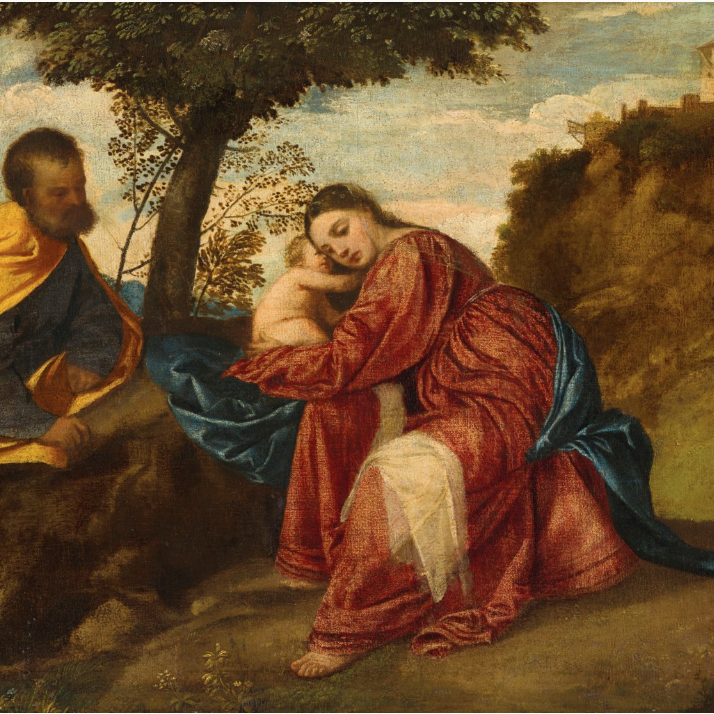 A biblical scene of Mary, Joseph, and the baby Jesus resting under a tree
