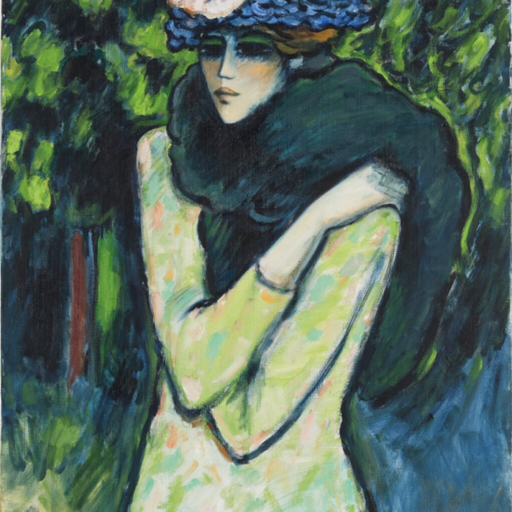 A post-impressionist-style portrait of a woman with red hair, a dark blue shawl and a light blue hat