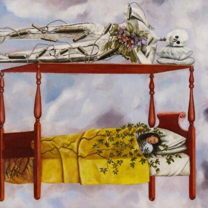 Frida Kahlo lying asleep in a wooden bed with a skeleton resting on the canopy above her.