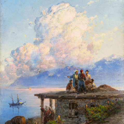 A painting of some men standing on a roof with the sea in the background.