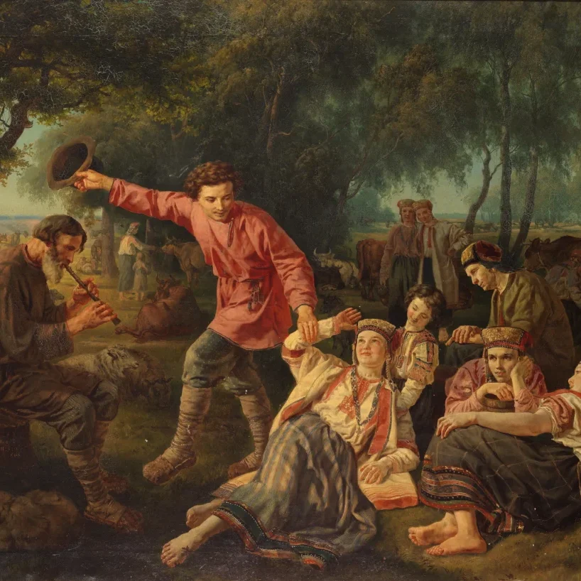 A painting of Russian peasants with cows