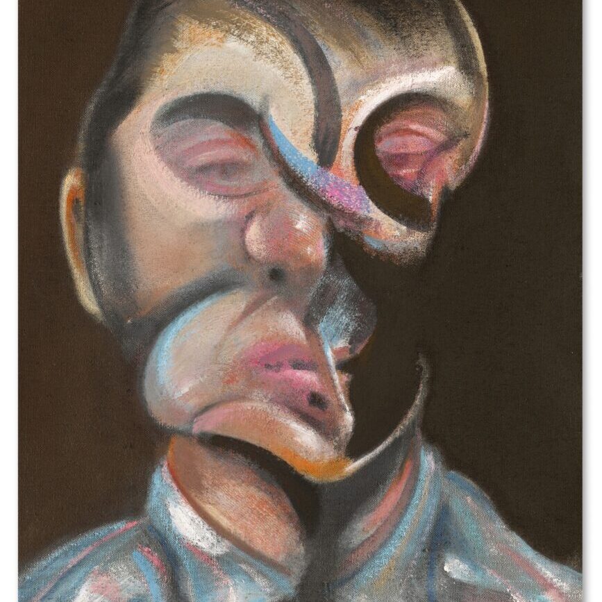 An abstract self-portrait with a warped face accented with blue and pink.
