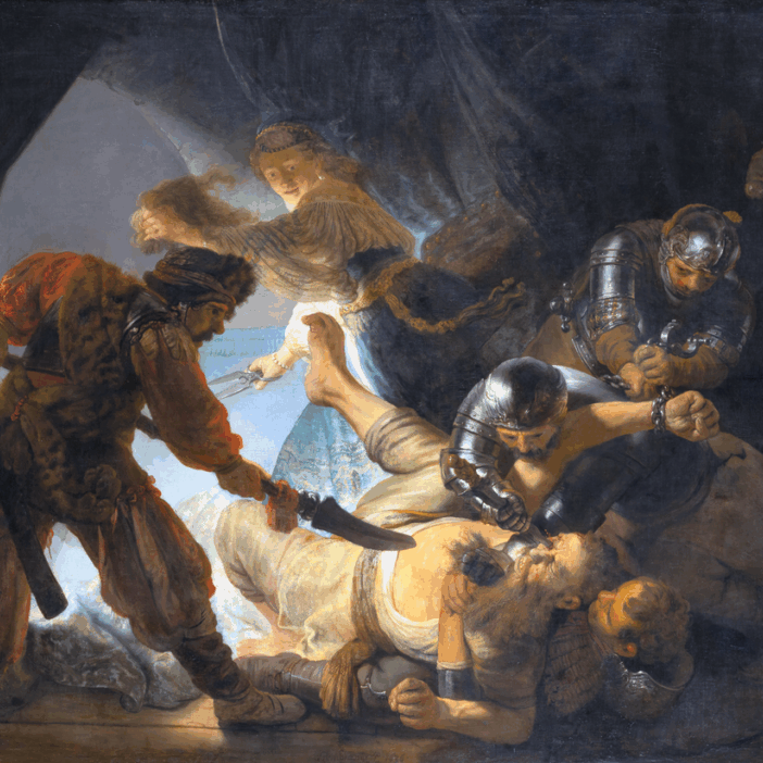 A painting of the biblical figure Samson being wrestled to the ground by men in armor as his eyes are stabbed.