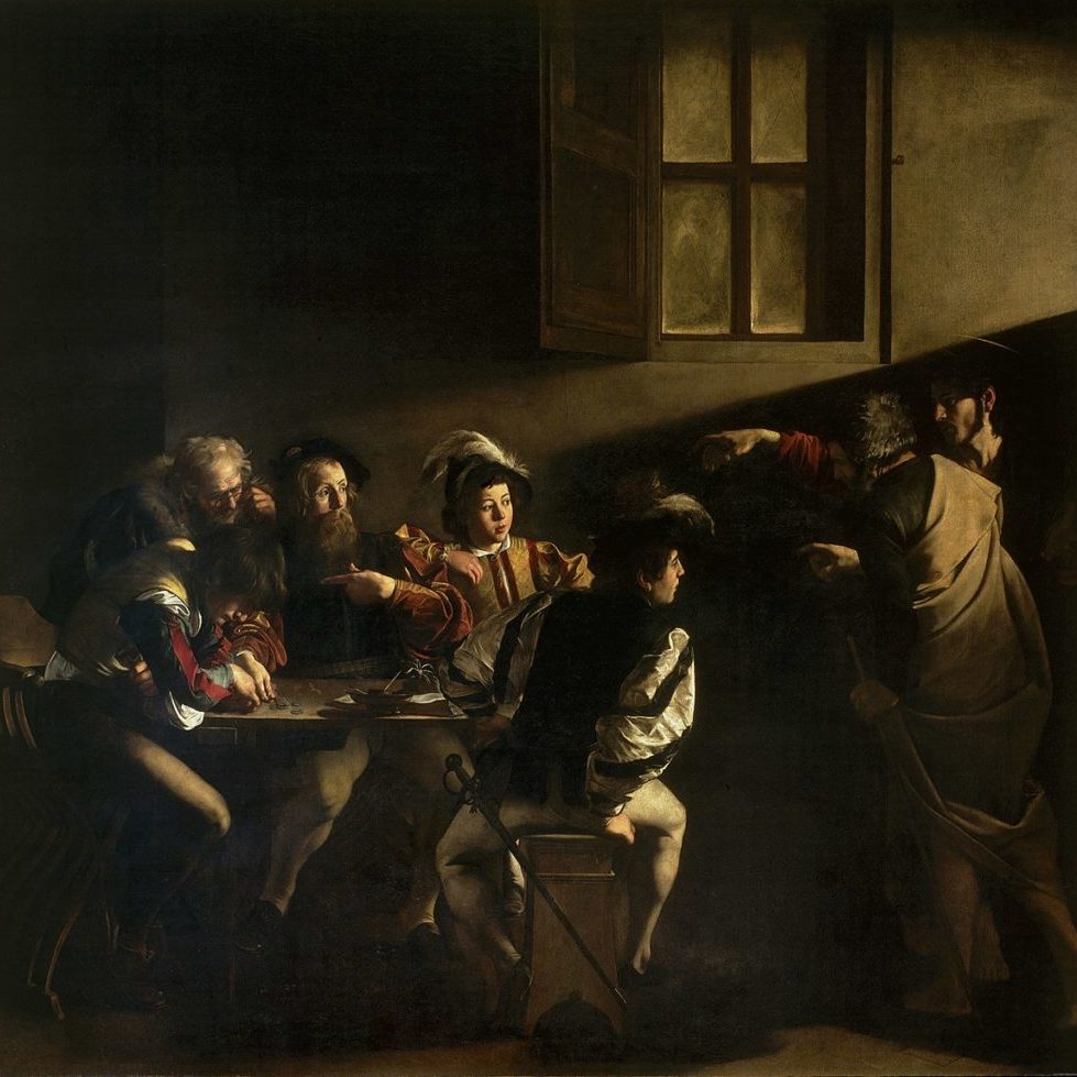 A painting of the inside of a dark tavern showing a group of men around a table focused on money. Jesus comes into the tavern and points to Matthew, asking him to follow him.
