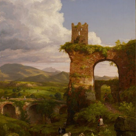 landscape with ruins, cows and people