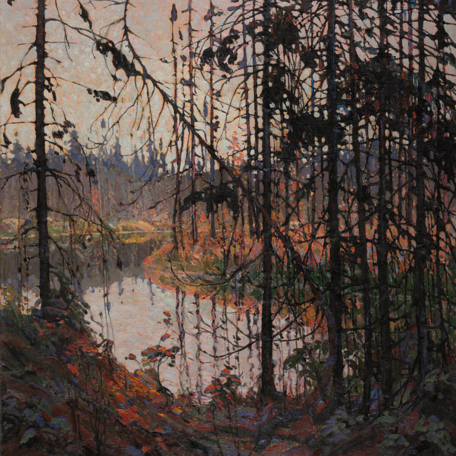 A landscape painting from a forrest looking out towards are more brightly-lit river.