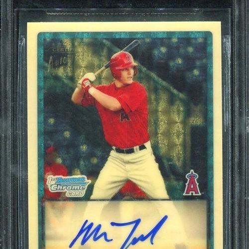 Baseball card, man in red and white, blue signature