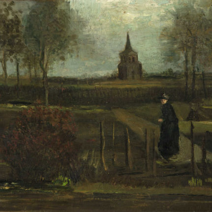 A post-impressionist scene by Vincent van Gogh of a garden among trees with a figure observing from a path