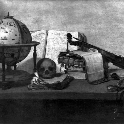 A black-and-white photograph of a still life painting featuring a globe and a skull