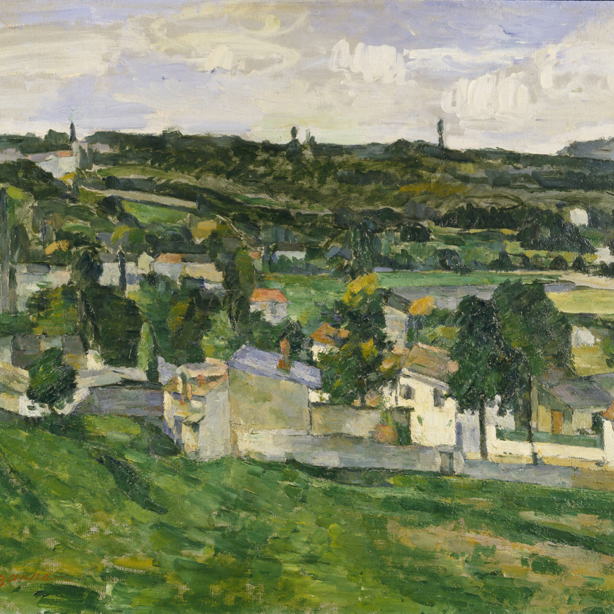 An impressionist landscape with houses and rolling green hills.
