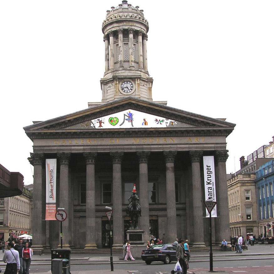 Glasgow's Gallery of Modern Art, along with the famous statue of the Duke of Wellington perpetually defaced by a traffic cone placed atop his head