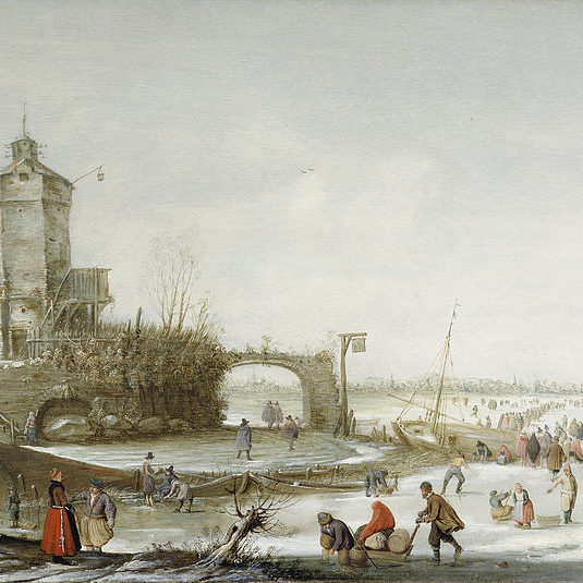 A Dutch landscape from the 17th century showing townspeople at the edge of a river or lake enjoying a winter day by skating on the frozen ice