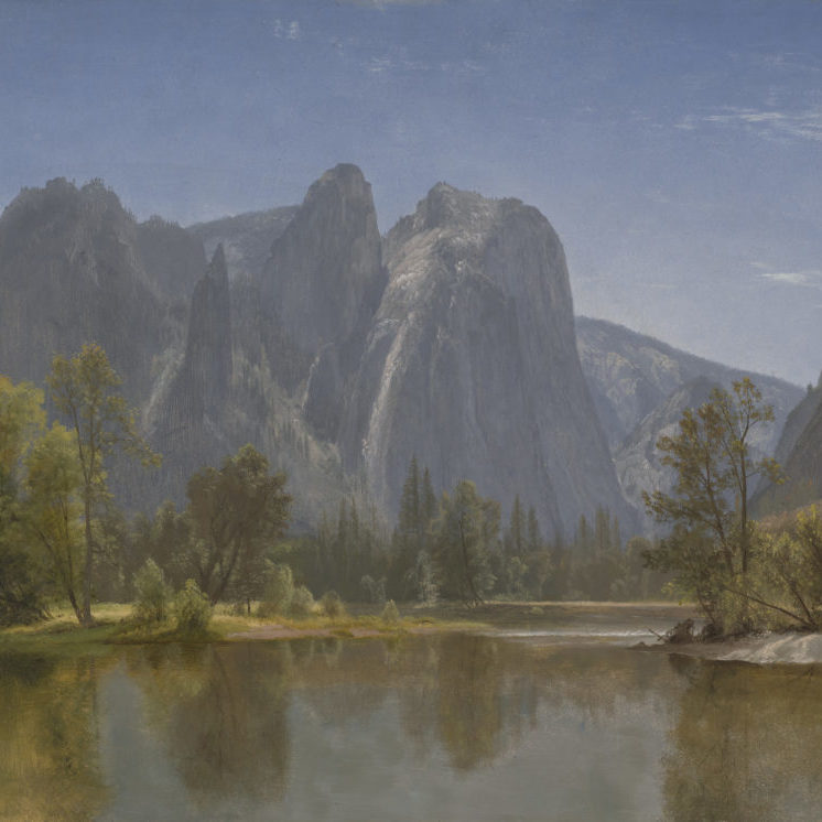 a landscape with water and mountains - Albert Bierstadt’s In the Yosemite