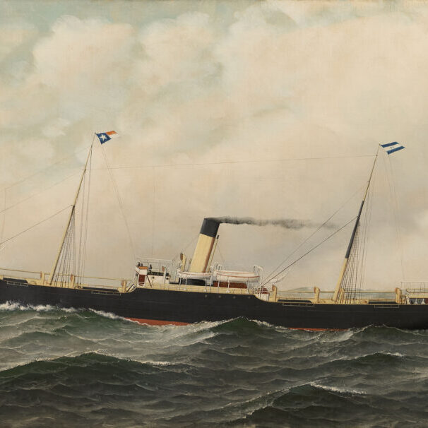 A painting of a large late 19th century cargo steamship by Antonio Jacobsen