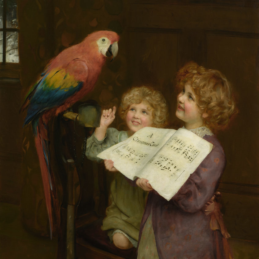 Two young girls teaching a parrot to sing A Christmas Carol - Arthur John Elsley - The Singing Lesson