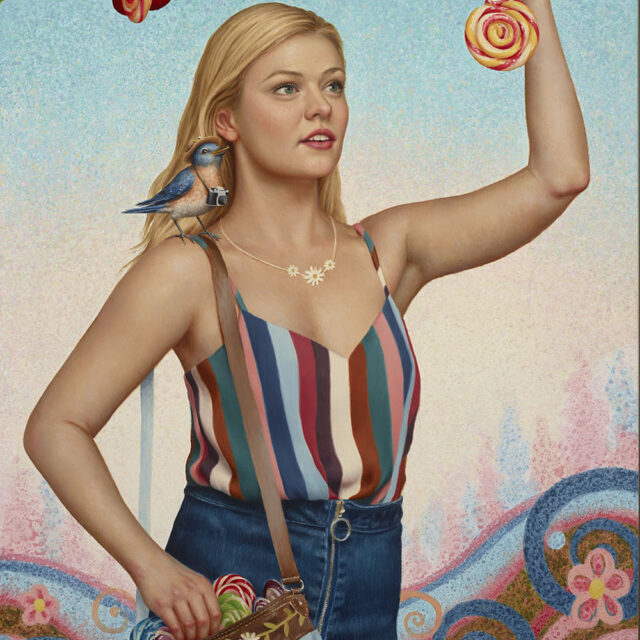 A painting of a woman picking a lollipop hanging from a tree.