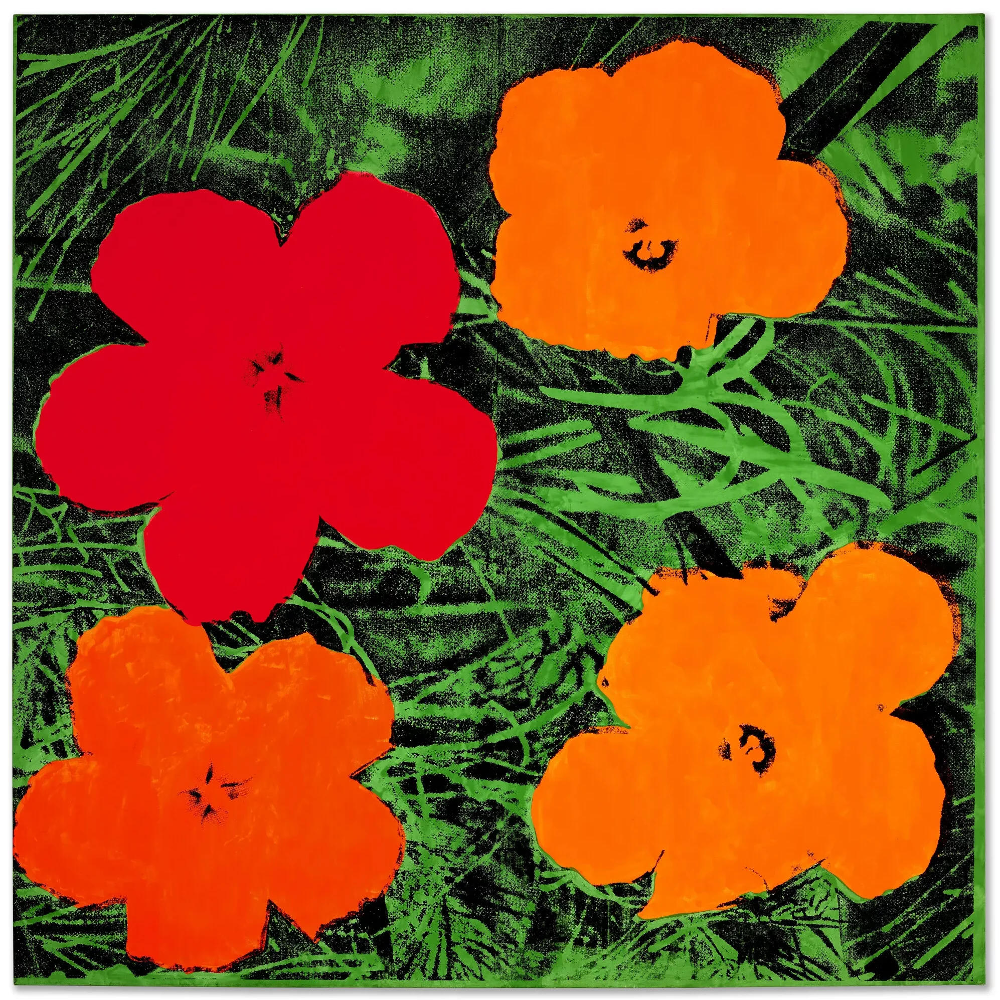 A silkscreen print showing red and orange flowers against a green grass background.