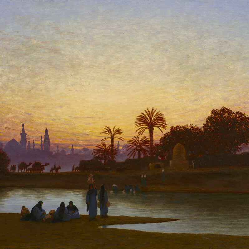 A landscape painting of women fetching water by a river in Egypt.