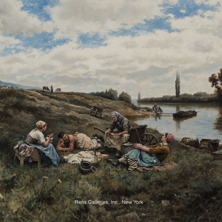 4 women seated by a river having a snack.