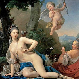 A naked woman with cupid, dogs and another woman in a landscape