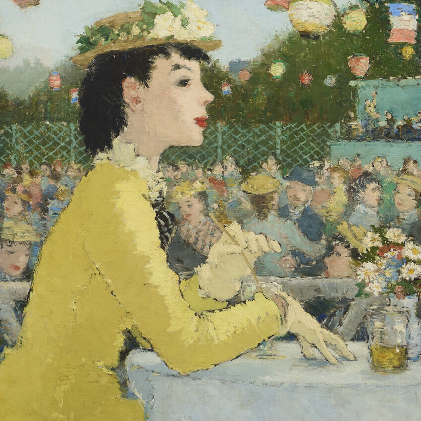 A painting of a woman in a yellow dress sitting in a cafe.