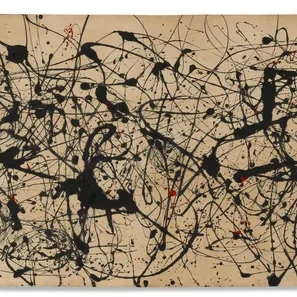 A large horizontal black-and-beige drip painting
