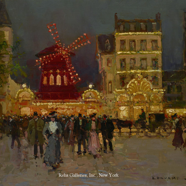 an view of the Moulin Rouge in the evening