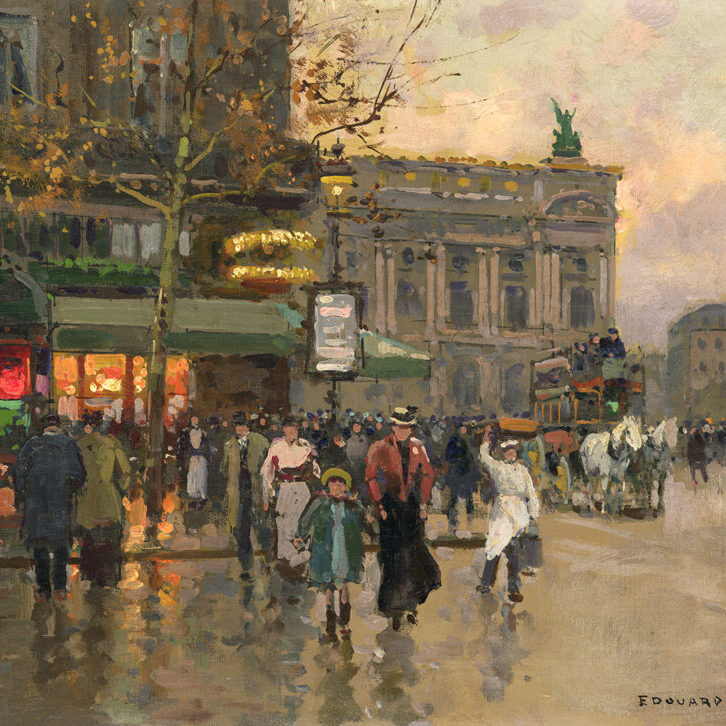 An impressionistic Paris street scene showing the city opera and the Café de la Paix