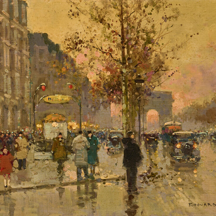 A Paris street scene showing a metro station with the Arc de Triomphe in the background.