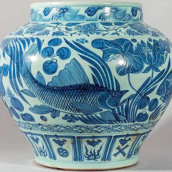 Chinese blue and white fish jar in the Yuan style.