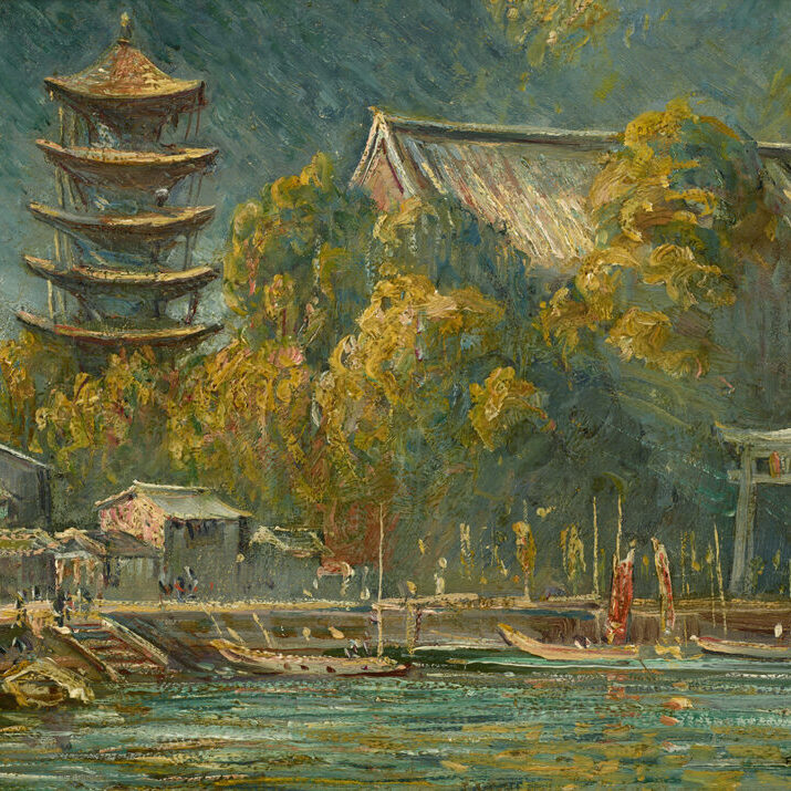 A landscape of a Japanese island with a pagoda