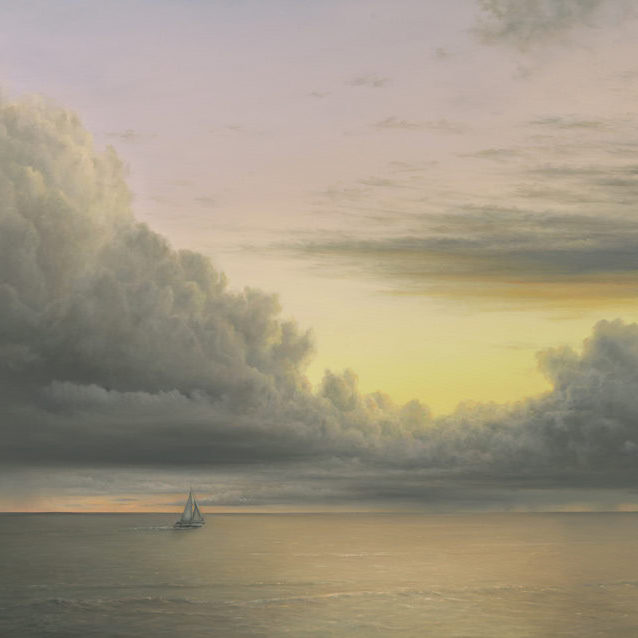 painting of a boat setting out to sea