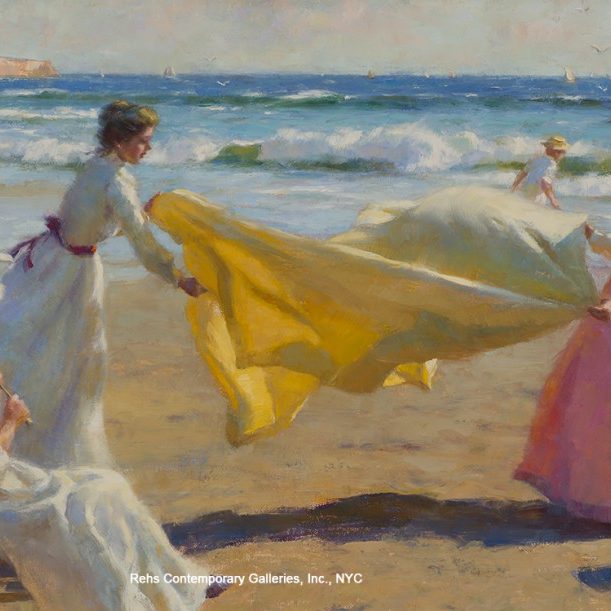 Women elegantly dressed on a beach