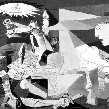 The anti-war painting Guernica by Pablo Picasso, showing a number of human and animal figures, both dead and alive, painted in black, white, and gray.