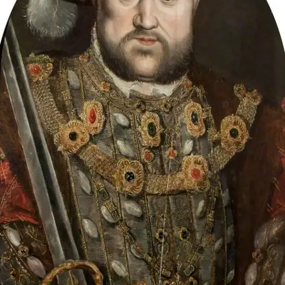 A portrait of King Henry VIII of England with a sword.