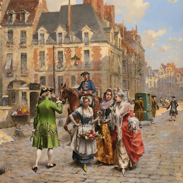 men and women on a cobblestone street with a flower seller.