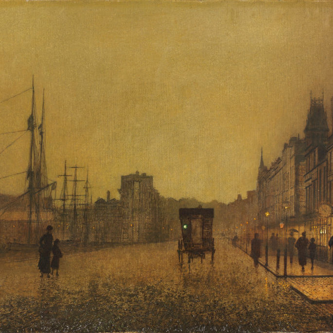 A street scene of Glasgow, close to the docks on the River Clyde at dusk.