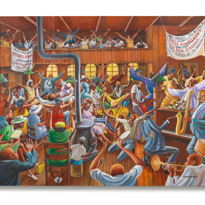 Solid Rock Congregation by Ernie Barnes, sold at Bonhams New York, commissioned by Margaret Bell-Byars in 1983