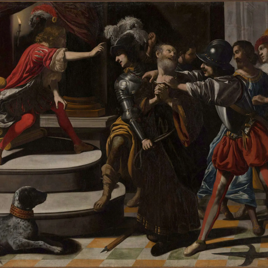 A 17th century painting showing soldiers bringing a bearded man before a judge.