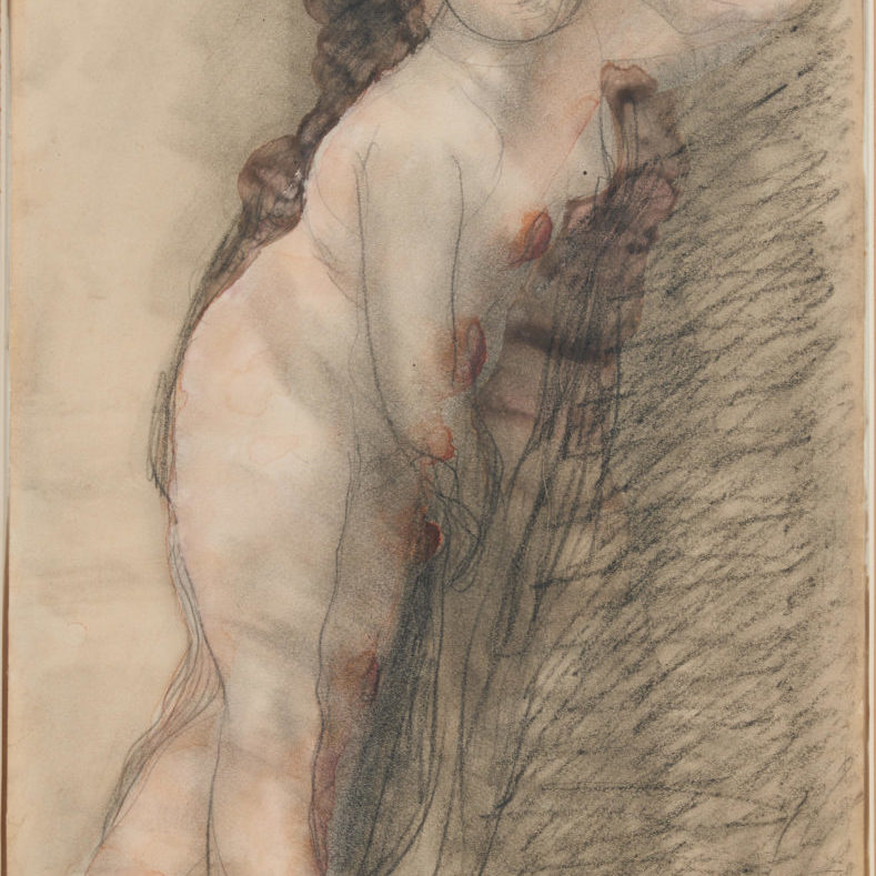 A pencil and watercolor sketch of a nude woman