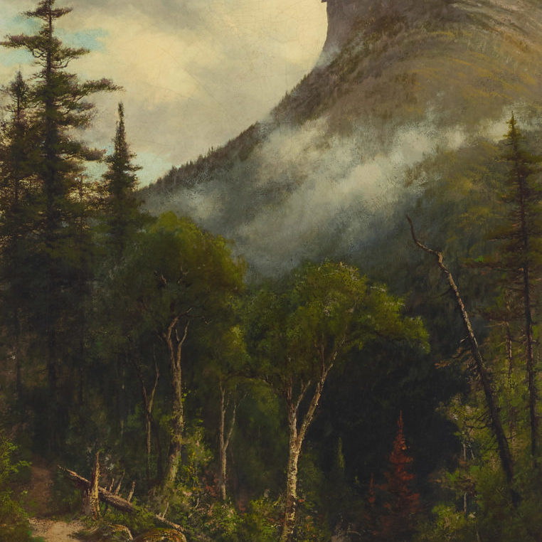 A landscape painting of a wooded area, with a mountain draped in mist rising off in the distance. At the top of the mountain, a rocky outcropping resembling a person's face in profile stands out as New Hampshire's Old Man of the Mountain