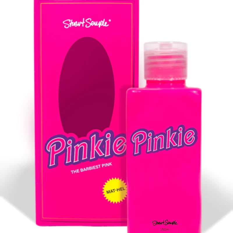 A bottle and a box, both the same shade of pink with the stylized work Pinkie across.