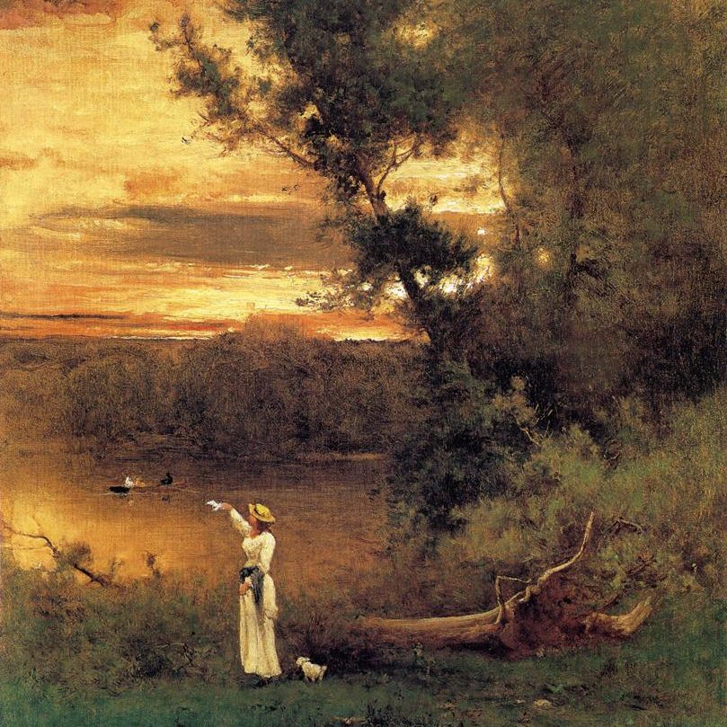 a landscape painting with a woman standing near a river by George Inness