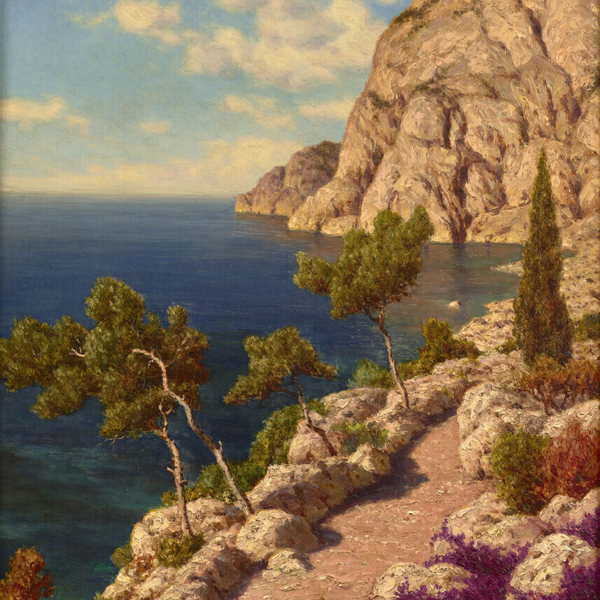 A landscape painting of a rocky cliff dotted with trees leading down into the ocean.