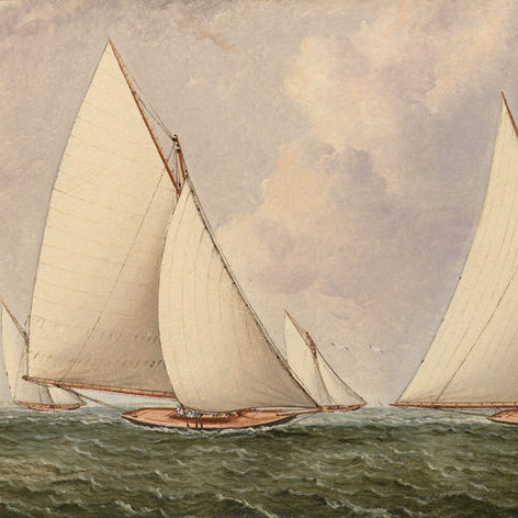 A painting of several sailing boats in wavy waters.