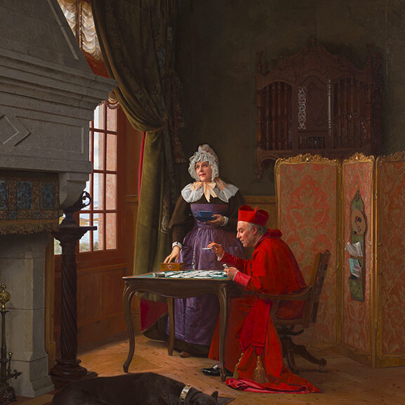 Cardinal, woman and dog in an elegant interior