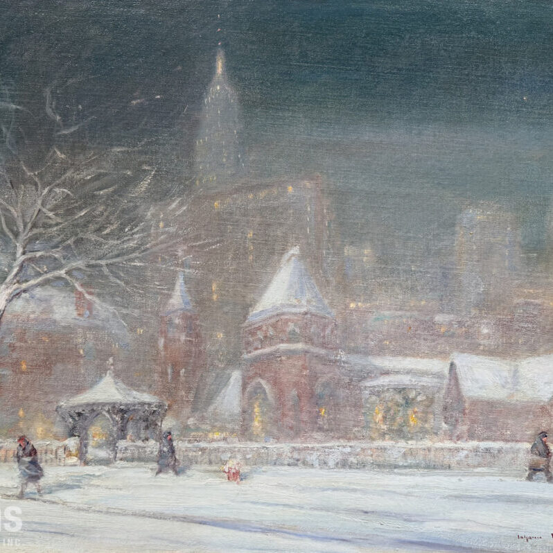 A view of a church in Manhattan during the winter, with the Empire State Building rising in the background.